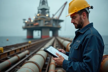 Ingénieur en combinaison technique sur une plateforme offshore pétrolière consultant des plans, formation deep offshore technology
