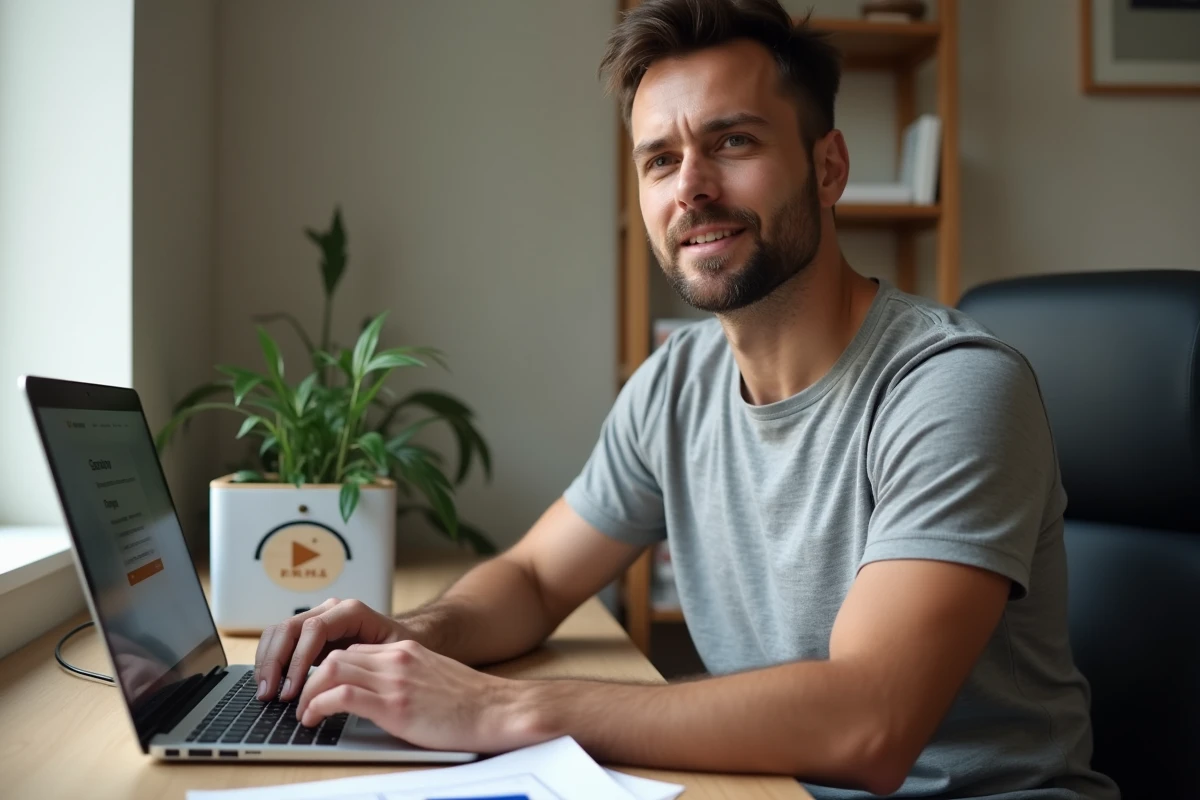 Homme consultant un ordinateur portable pour s'inscrire comme chauffeur Uber Eats depuis son appartement avec des documents administratifs sur le bureau