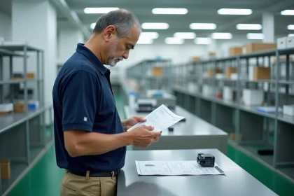 Inspecteur qualit&eacute; examinant un produit &eacute;lectronique sur une table de contr&ocirc;le dans une usine en Chine, avec des documents de conformit&eacute; CE Mark China Export