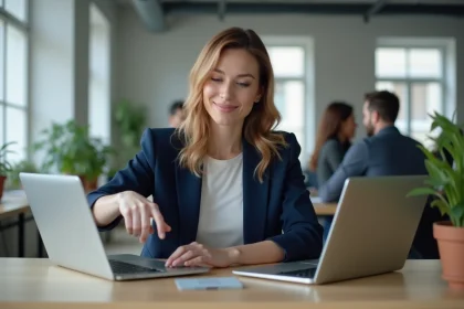Femme en blazer marine analysant l'intégration d'un widget d'avis clients sur son ordinateur portable dans un bureau moderne