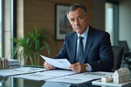 Investisseur immobilier analysant des documents de rendement locatif sur un bureau en verre dans un bureau moderne