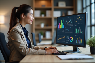 Jeune femme d'affaires analysant des graphiques KPI modernes