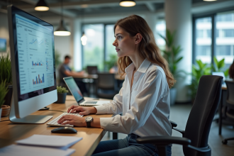 Jeune femme en bureau analysant des données sociales