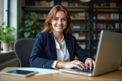 Jeune femme en bureau moderne utilisant un ordinateur portable