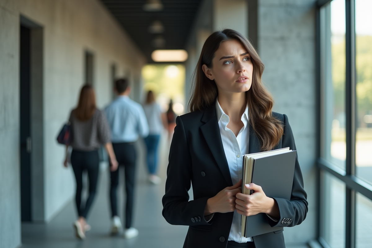Jeune femme d affaires dans un couloir d entreprise avec dossier