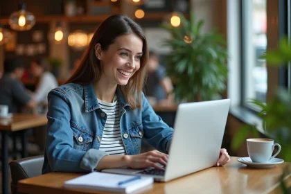 Jeune femme souriante au café avec ordinateur portable