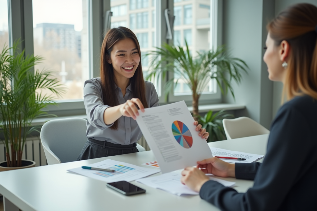 Jeune comptable souriante expliquant un graphique à un collègue