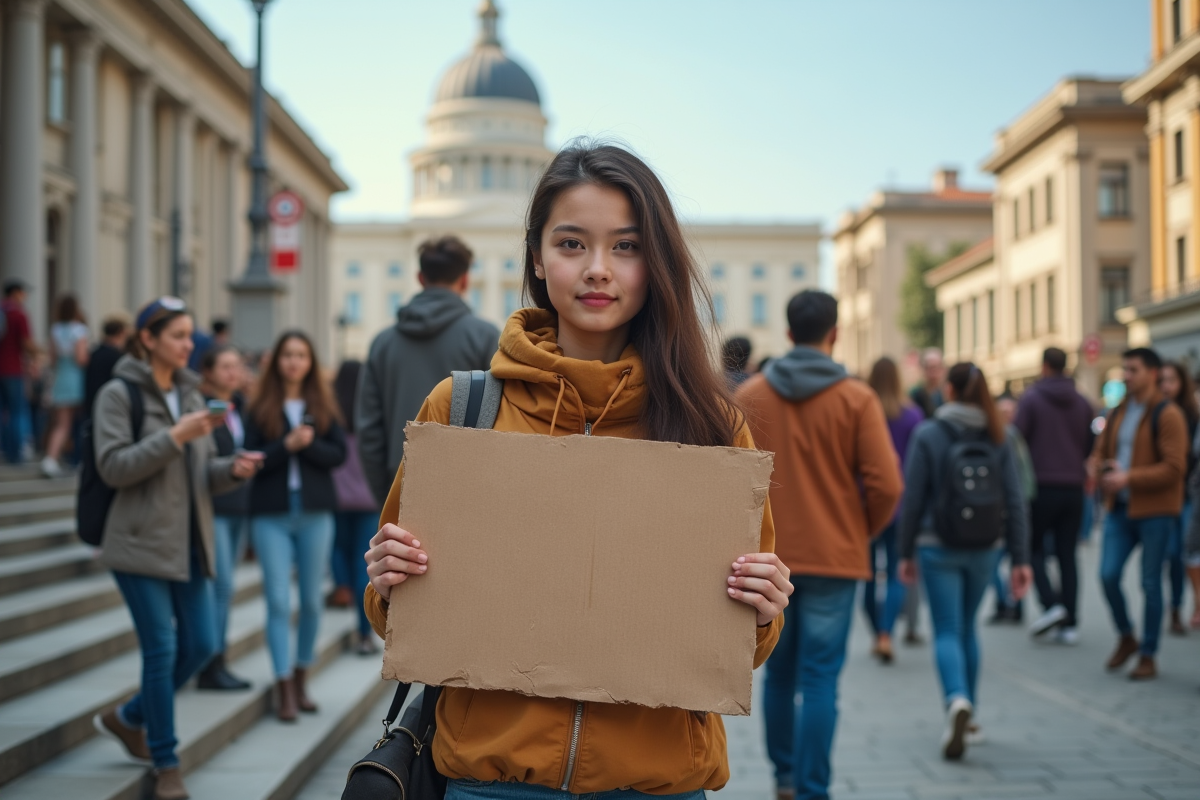 Jeune femme avec pancarte dans une foule en extérieur