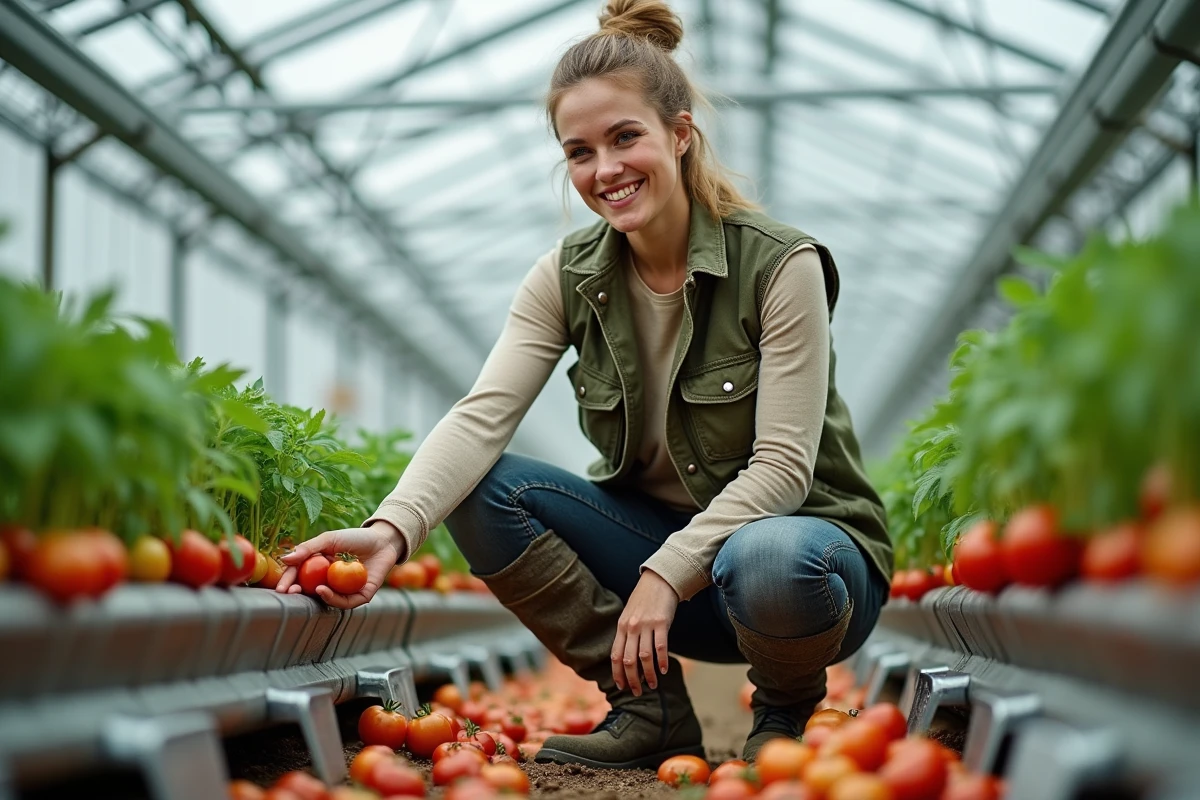 Jeune femme dans serre vérifiant tomates hydroponiques