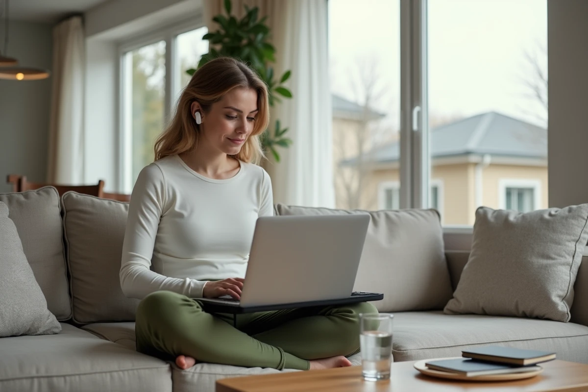 Jeune femme en télétravail flexible sur canapé avec ordinateur portable pour mission freelance
