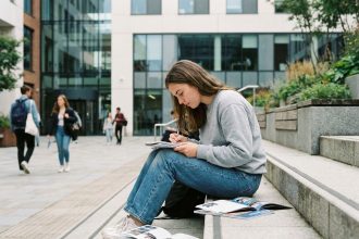 Jeune femme assise dehors à l'université en train de lire et prendre des notes