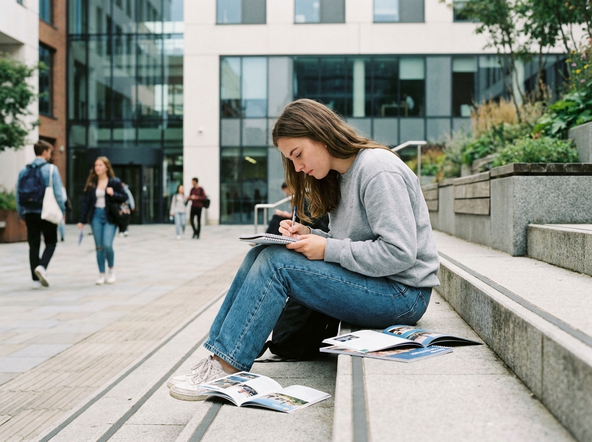 Jeune femme assise dehors à l'université en train de lire et prendre des notes