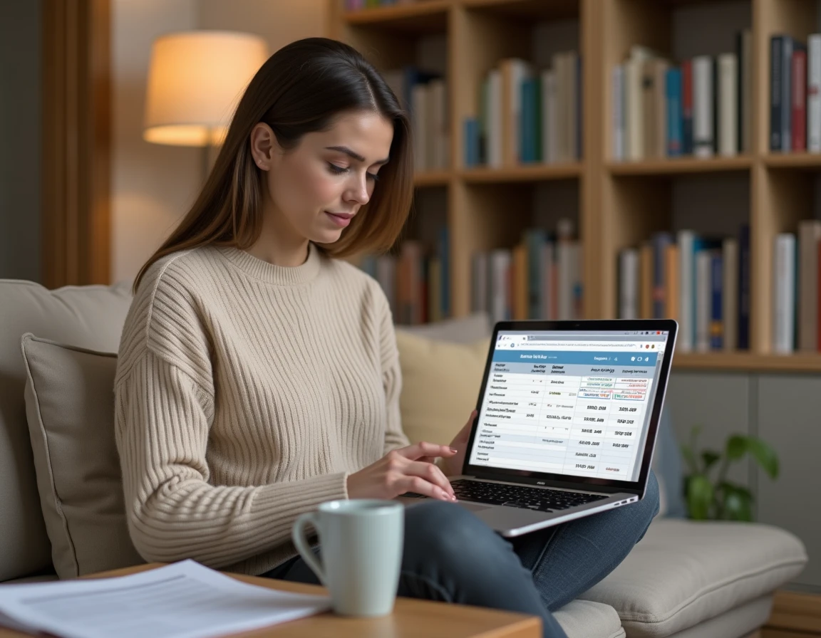 Jeune femme vérifiant ses heures de travail mensuelles sur un ordinateur portable à domicile avec un contrat de travail