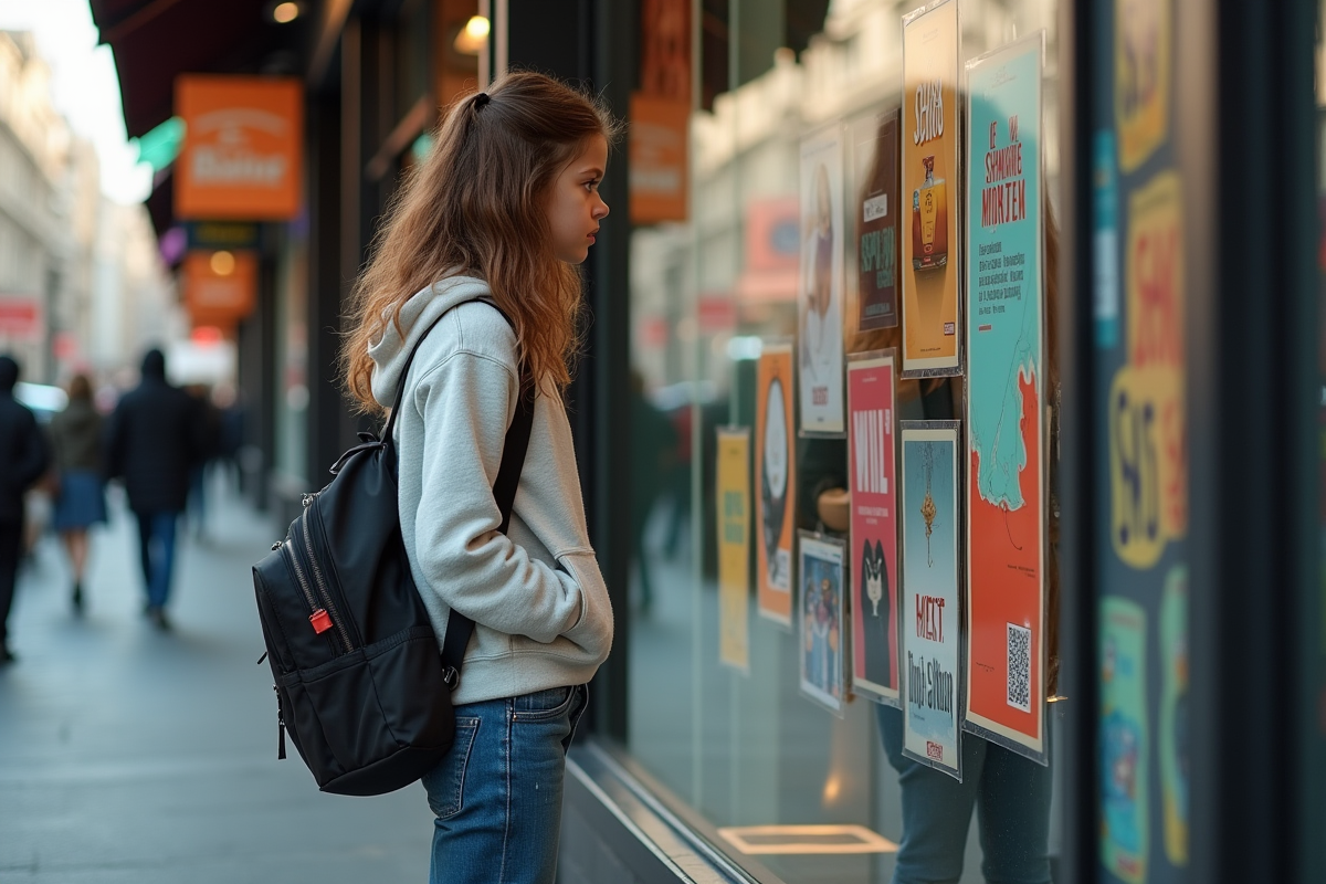 Jeune fille regardant son reflet dans une vitrine de magasin