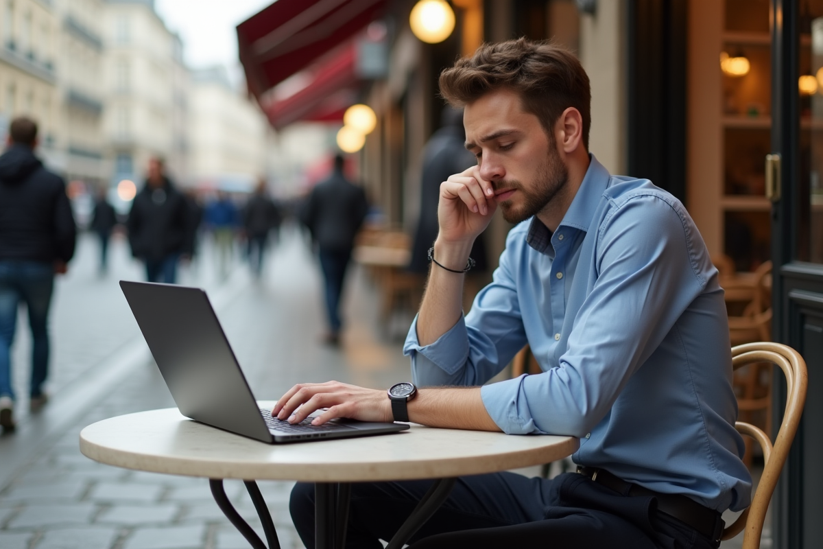Jeune homme au café parisien avec ordinateur portable