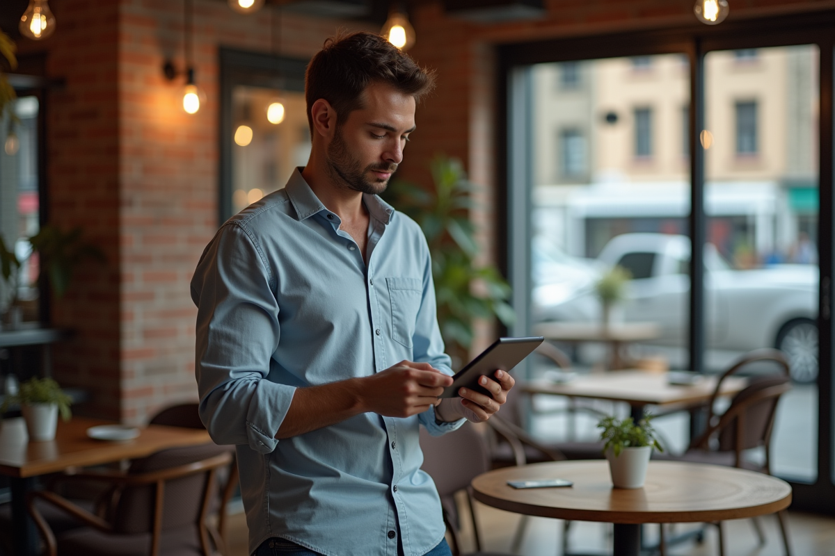 Jeune homme en casual discutant dans un café avec notes sur tablette