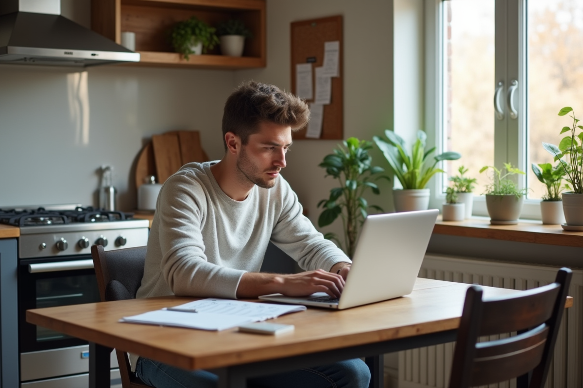 Jeune homme travaillant sur son ordinateur dans une cuisine