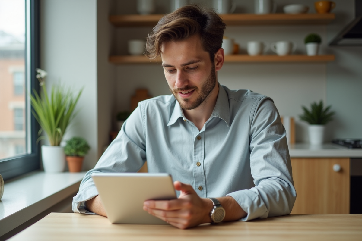 Jeune homme dans sa cuisine cosy en train d