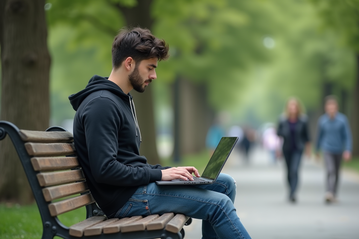 Jeune développeur assis sur un banc dans un parc urbain
