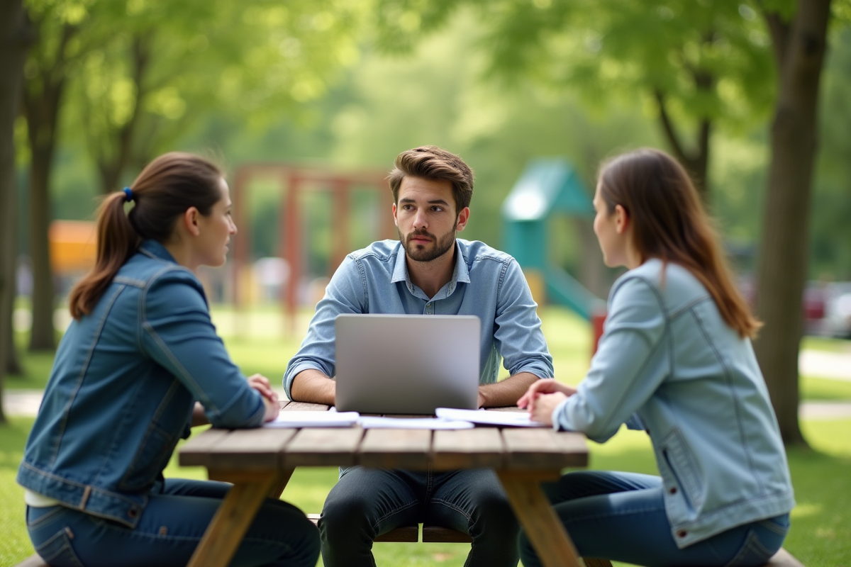 Jeune homme en discussion avec ses amis dans un parc en plein air