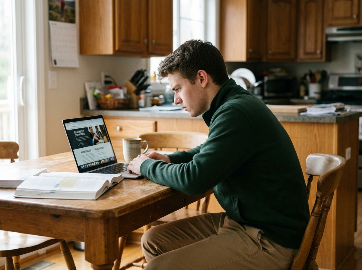 Jeune homme à la maison étudiant avec un ordinateur portable dans la cuisine