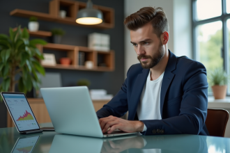 Jeune homme en blazer analysant des données marketing