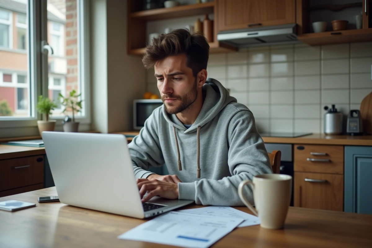 Jeune travailleur à domicile consultant sa fiche de paie en fin de CDD, questionnement sur la prime de précarité