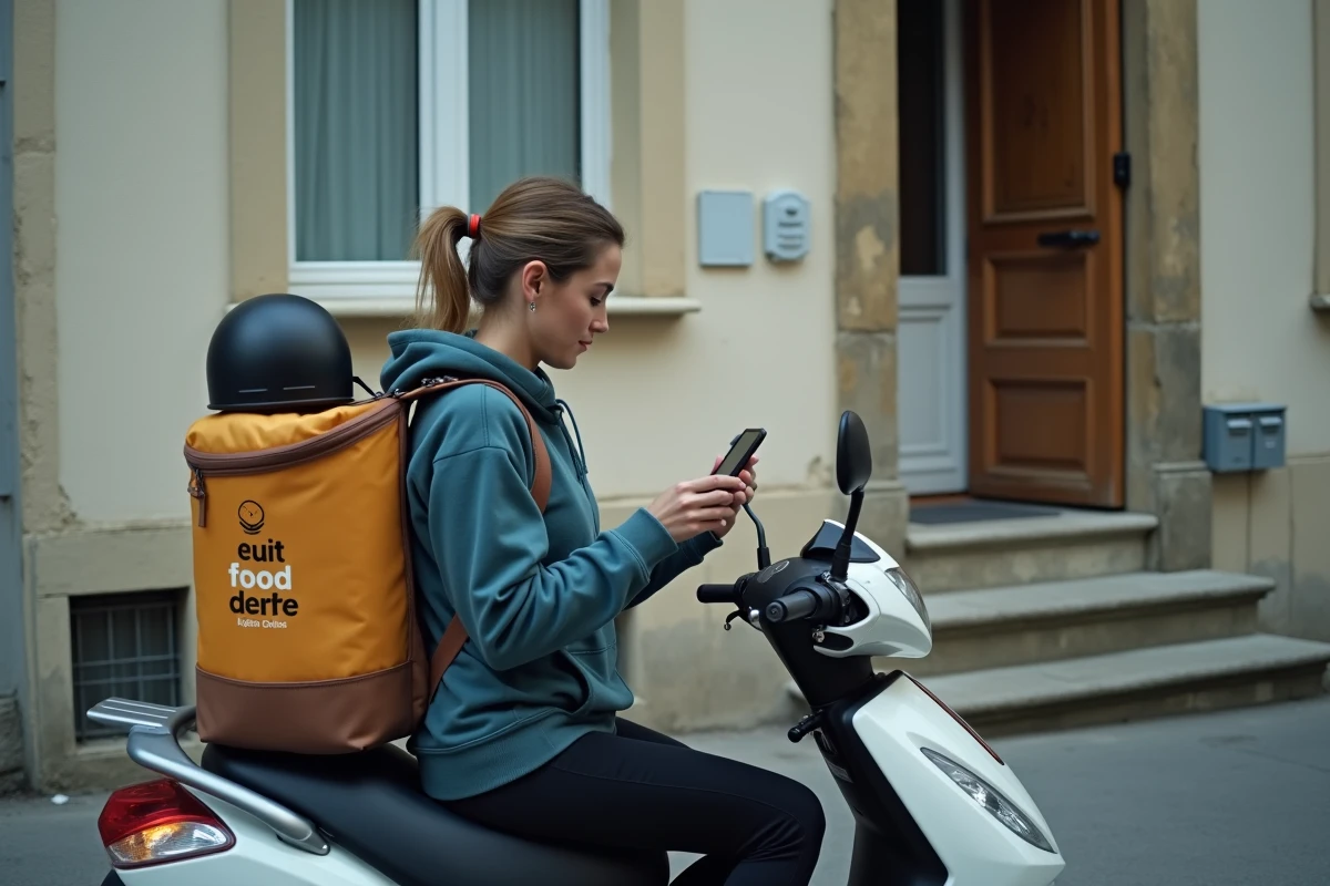 Femme livreuse Uber Eats assise sur son scooter devant un immeuble résidentiel consultant son téléphone pour une commande