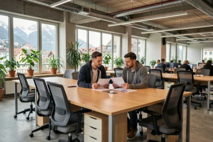 Espace de bureau partagé moderne à Chambéry avec vue sur les Alpes, deux professionnels travaillant ensemble dans un open space contemporain