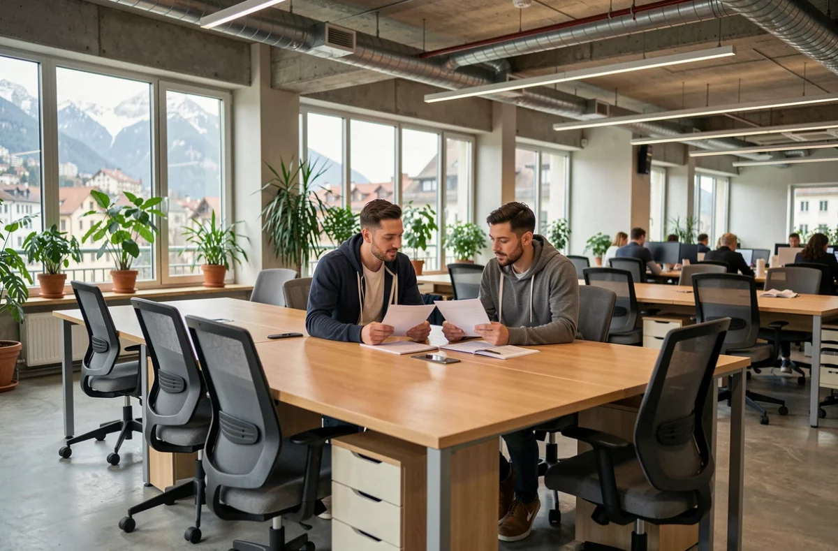 Espace de bureau partagé moderne à Chambéry avec vue sur les Alpes, deux professionnels travaillant ensemble dans un open space contemporain