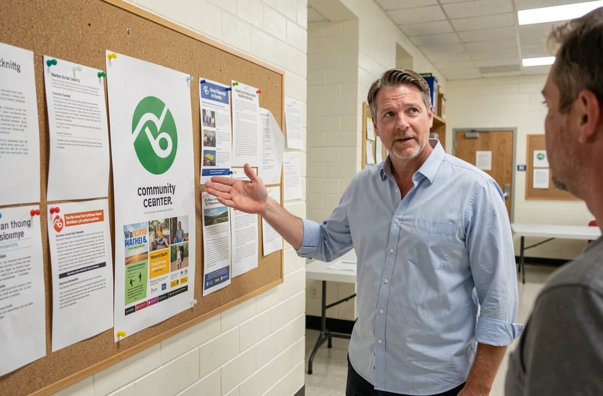 Homme présentant une affiche associative avec un logo modifié sur un tableau d'affichage dans une salle communautaire
