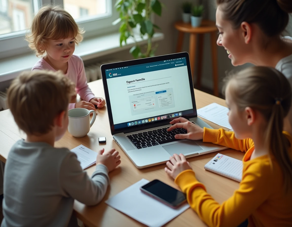 Vue aérienne de mains d'adulte et d'enfants naviguant ensemble sur un portail CSE affichant un espace famille sur un ordinateur portable