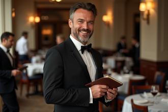 Maître d'hôtel en costume noir dans un restaurant chic