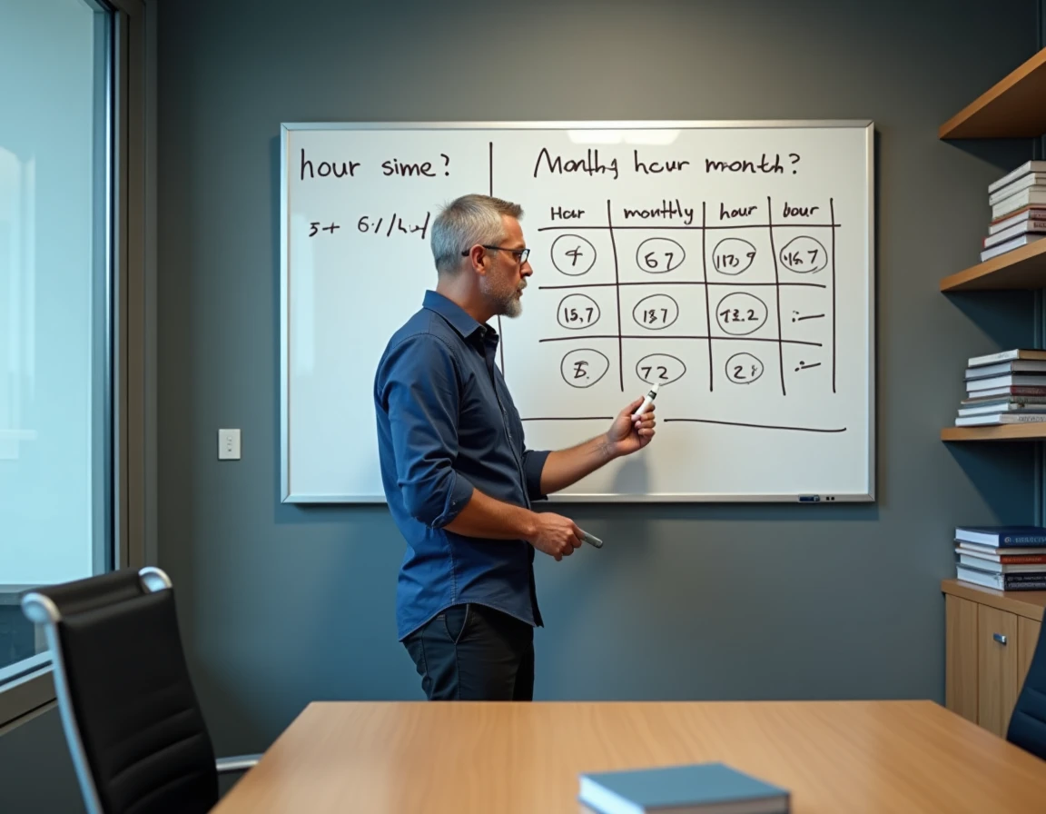 Manager expliquant le calcul des heures mensuelles base 151,67 sur un tableau blanc en salle de réunion