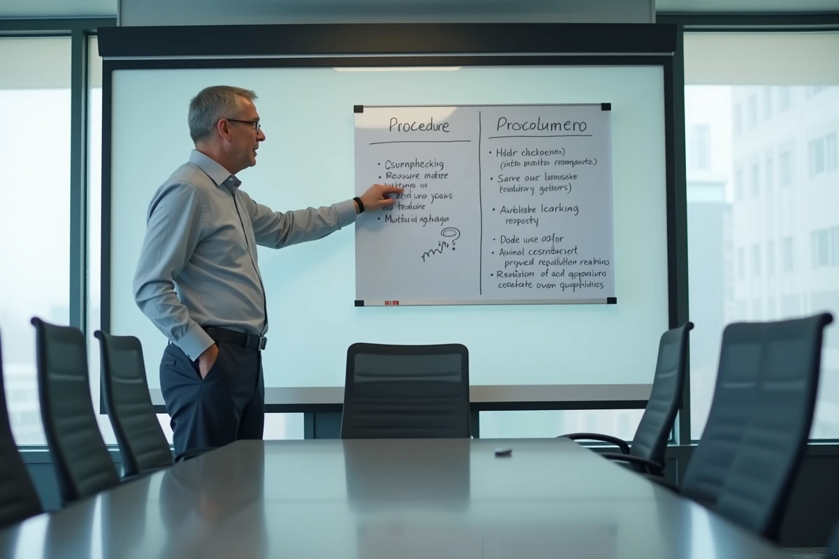 Manager debout présentant une nouvelle procédure interne sur un tableau blanc lors d'une réunion d'entreprise