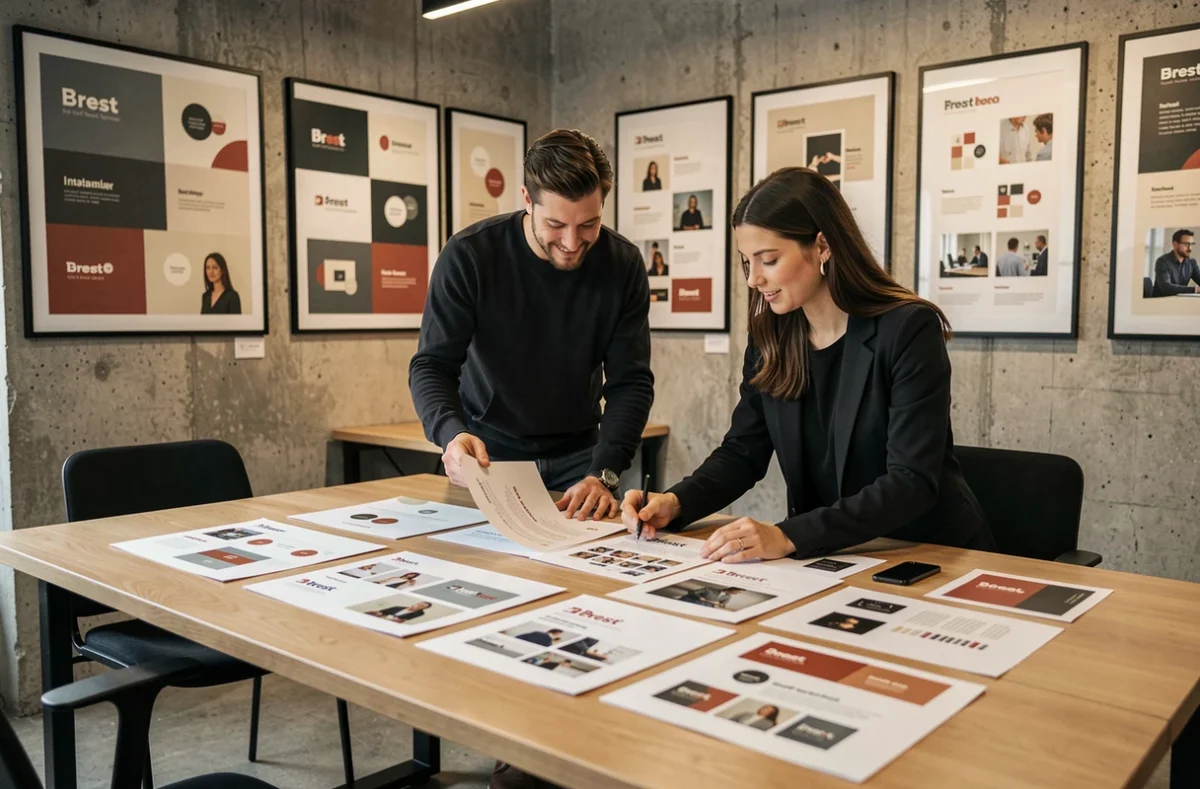 Duo créatif d'une agence de communication et marketing examinant des visuels de marque dans un studio à Brest