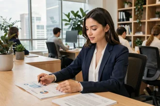 Jeune femme en blazer marine étudiant des fiches de salaires et opportunités de carrière après des études courtes