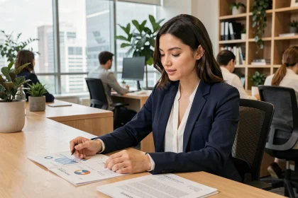 Jeune femme en blazer marine étudiant des fiches de salaires et opportunités de carrière après des études courtes