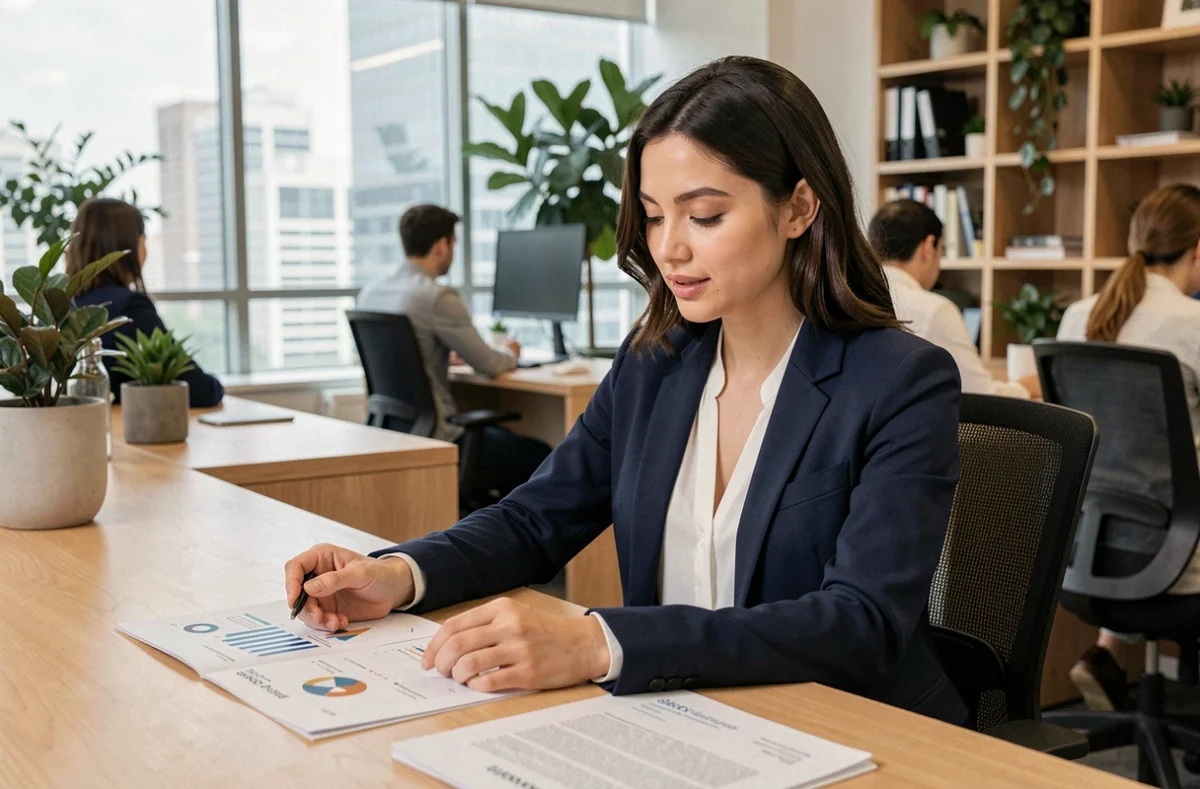 Jeune femme en blazer marine étudiant des fiches de salaires et opportunités de carrière après des études courtes