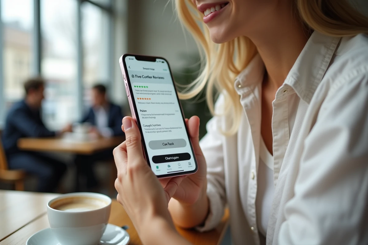 Femme consultant une page produit mobile avec section d'avis clients cinq étoiles dans un café