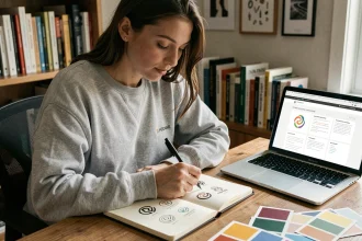 Femme dessinant des variantes de logo dans un carnet sur un bureau en bois, illustrant la modification d'un logo pour un projet personnel