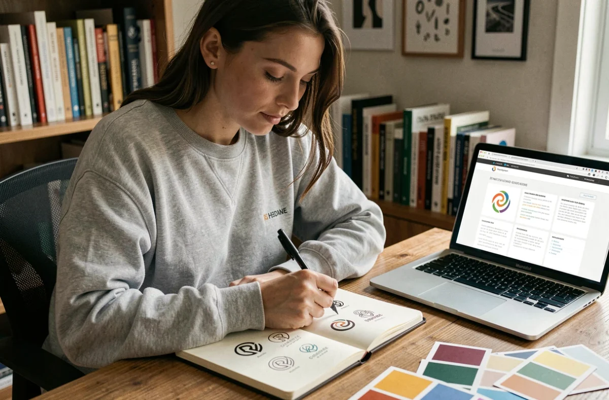 Femme dessinant des variantes de logo dans un carnet sur un bureau en bois, illustrant la modification d'un logo pour un projet personnel