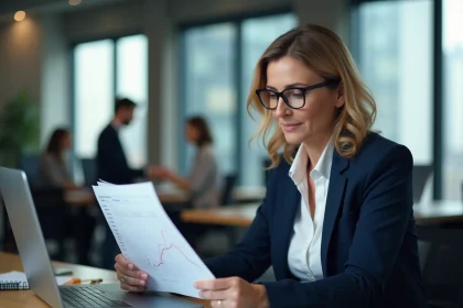 Femme cadre analysant des documents de négociation salariale dans un bureau moderne pendant une période d'inflation