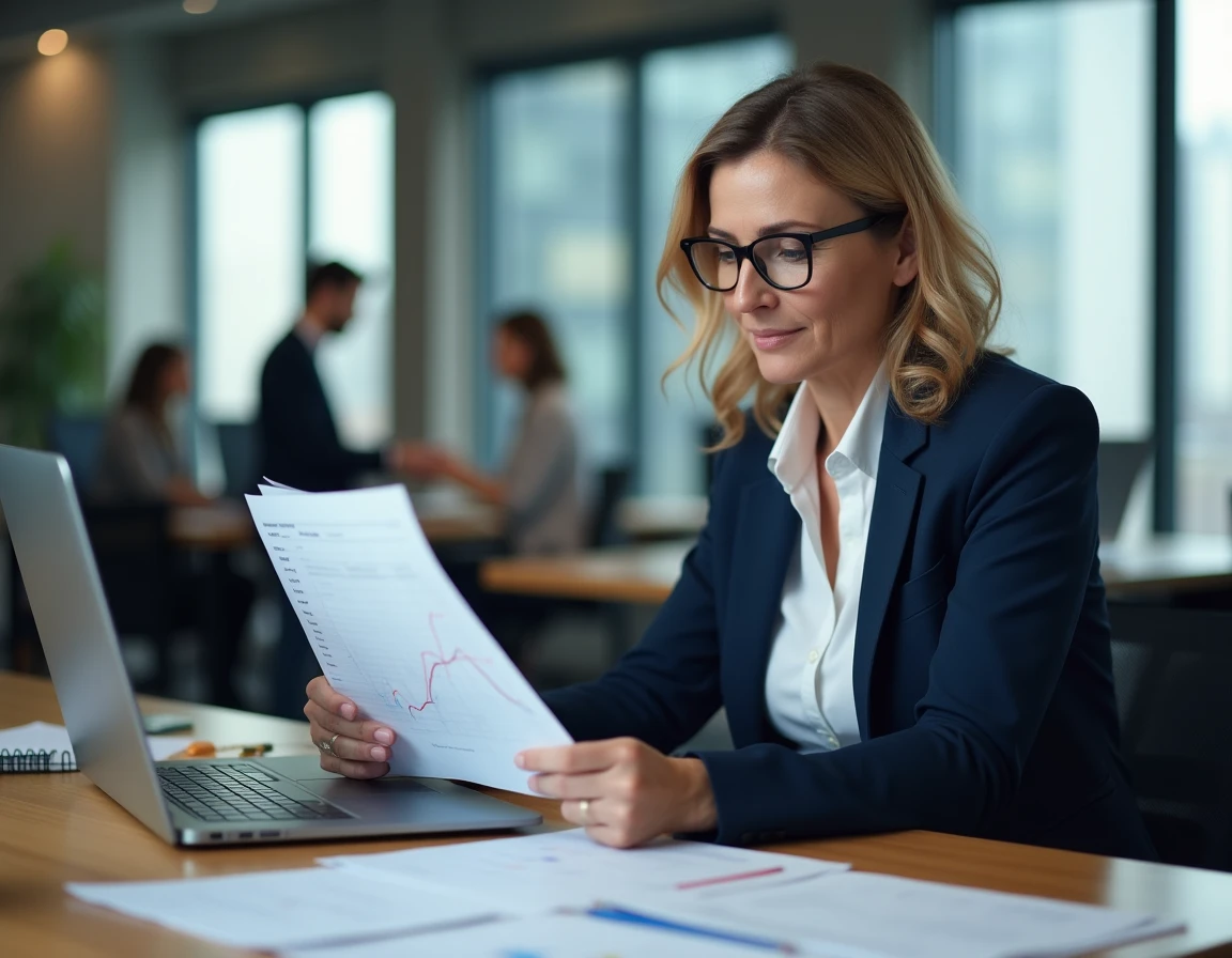 Femme cadre analysant des documents de négociation salariale dans un bureau moderne pendant une période d'inflation