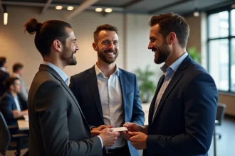 Trois professionnels échangeant des cartes de visite lors d'un événement de networking B2B dans un espace de coworking moderne