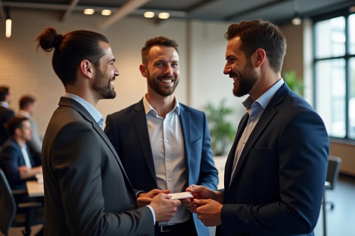 Trois professionnels échangeant des cartes de visite lors d'un événement de networking B2B dans un espace de coworking moderne