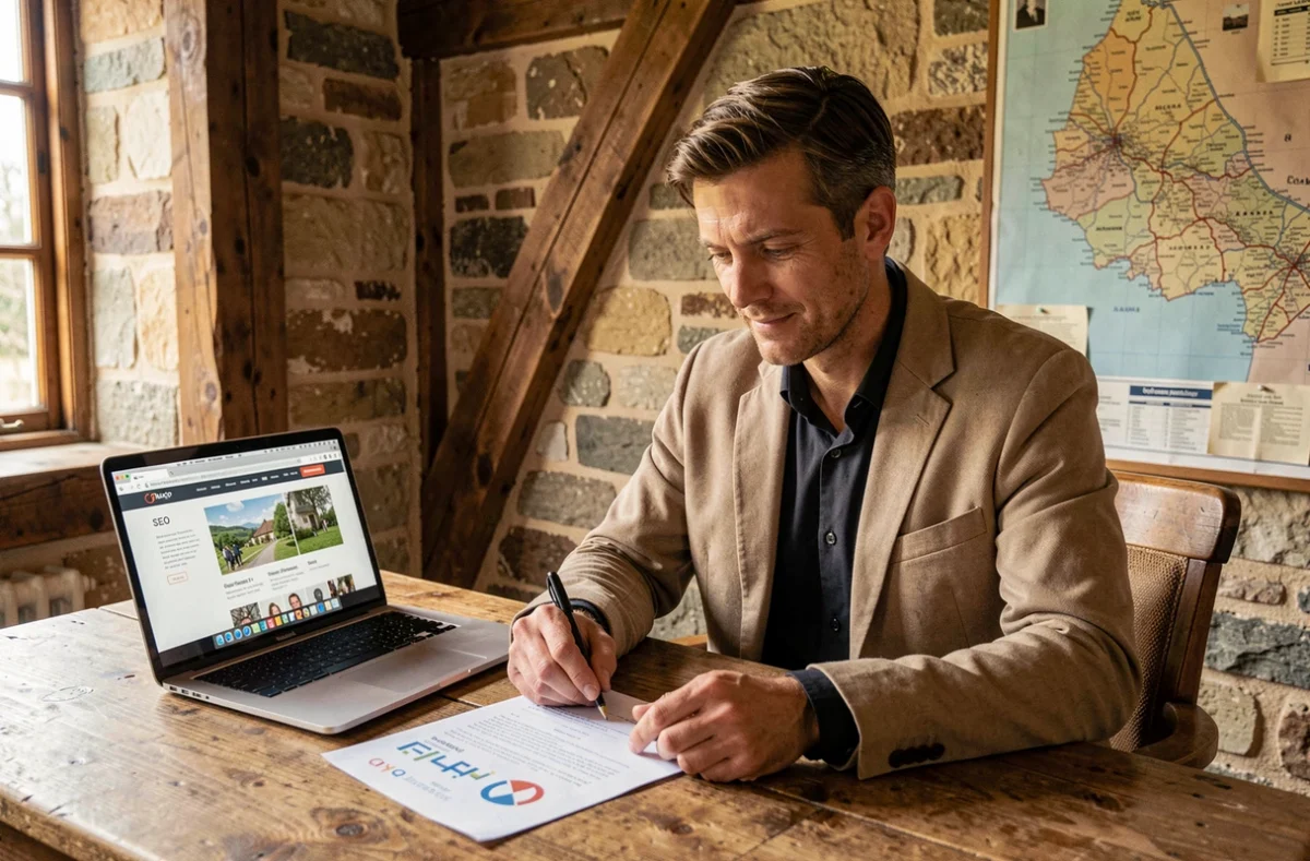 Stratège digital de l'agence Normandie Mkt analysant une campagne marketing web pour des clients locaux