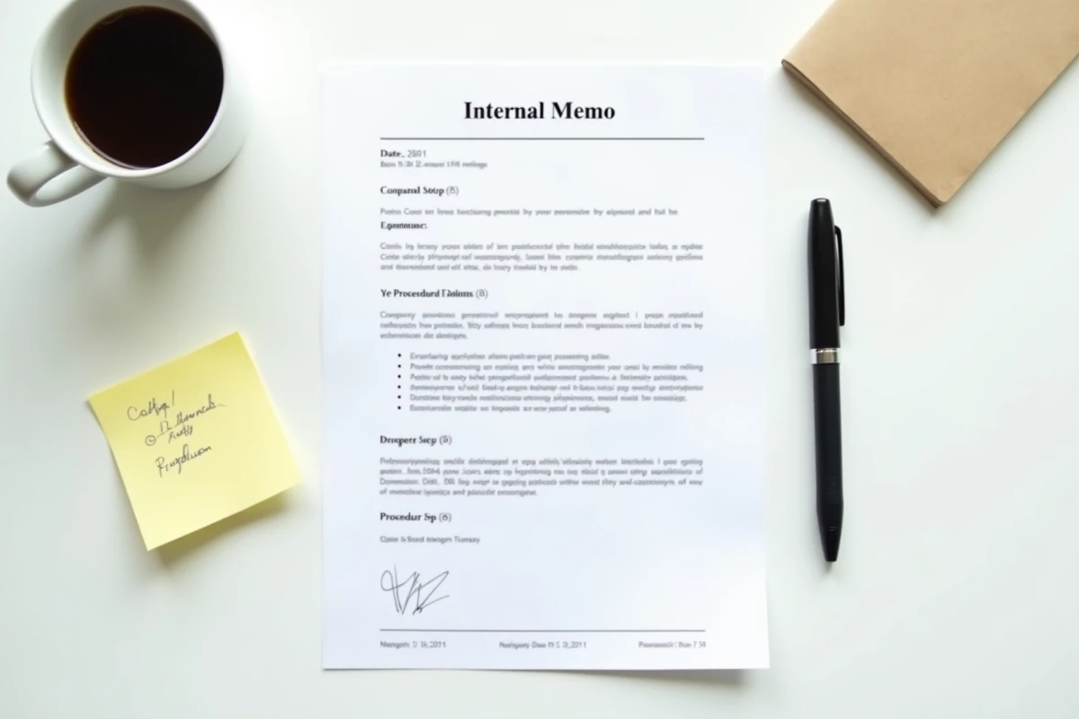 Vue aérienne d'une note de service interne imprimée posée sur un bureau avec un stylo et des annotations manuscrites