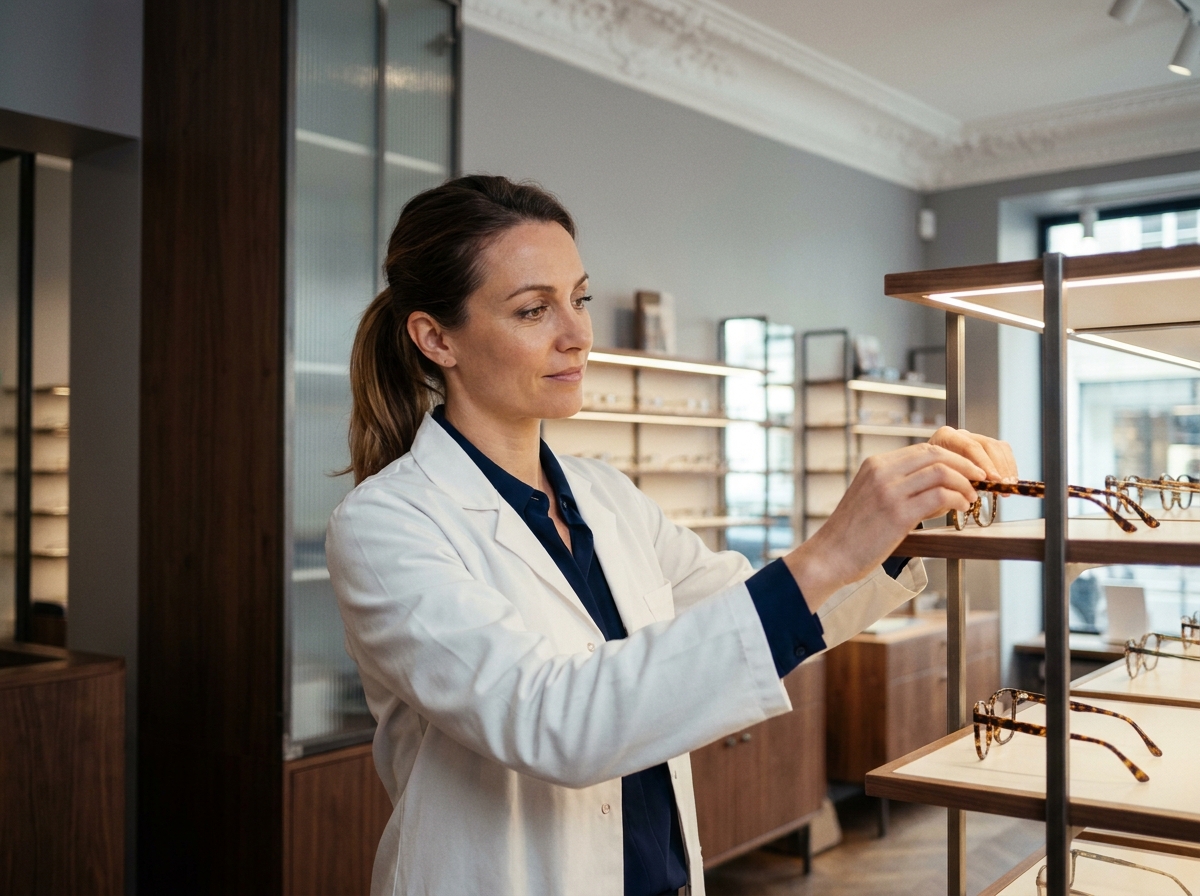 Opticienne arrangeant des montures de lunettes dans une boutique d'optique parisienne élégante et moderne