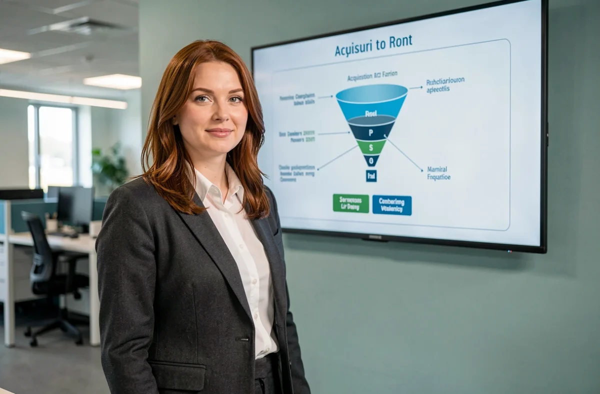Consultante en acquisition digitale présentant une stratégie marketing dans un bureau à Lorient